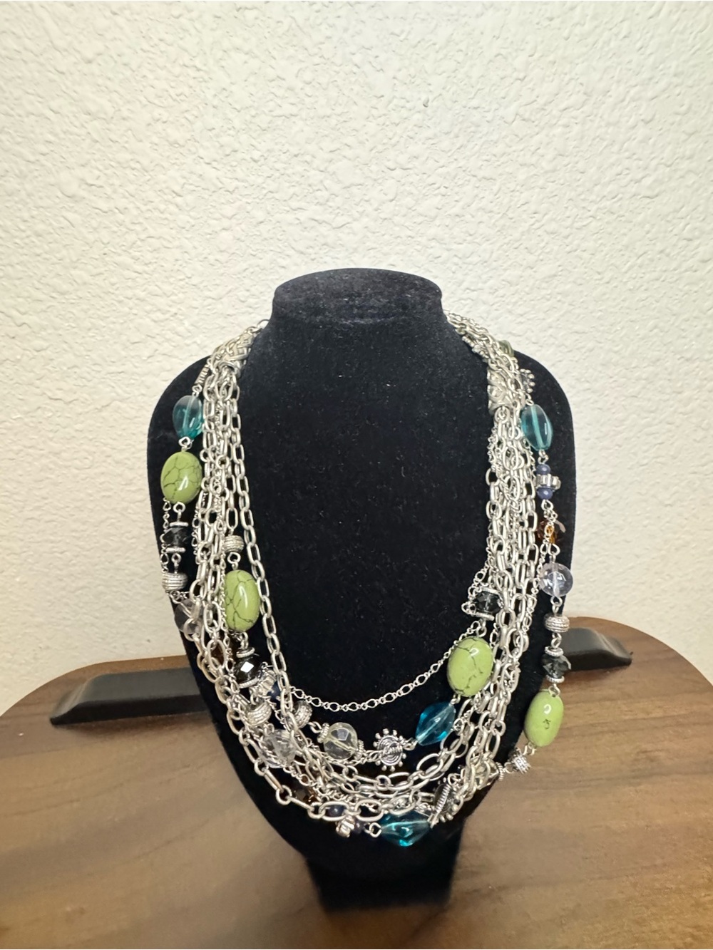 Multi-Strand Silver Chain Necklace with Green and Teal Beads
